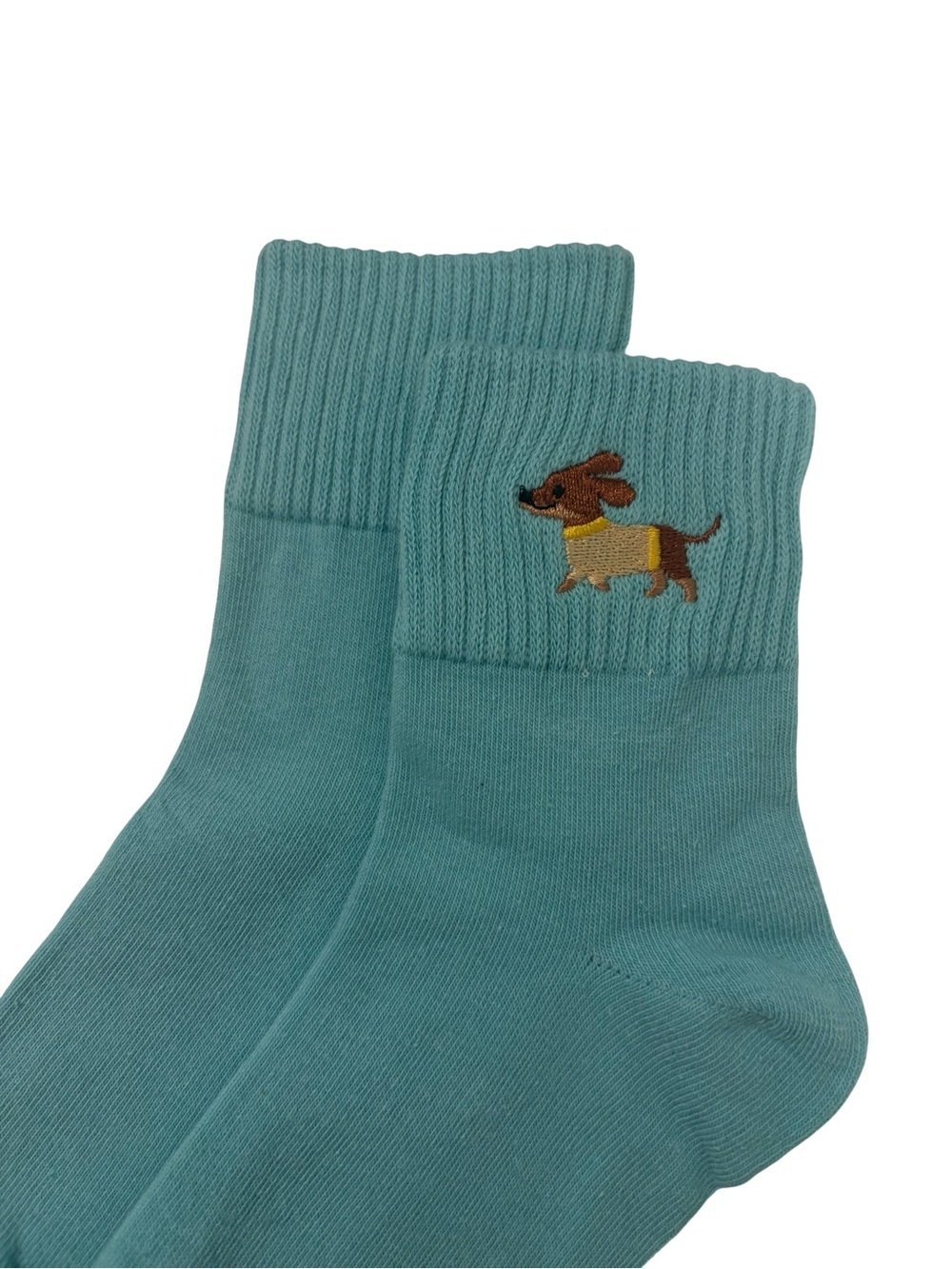 Dachshund Wiener Dog Embroidered Low Crew Socks Dusty Teal Blue One Size OS - Picture 2 of 3